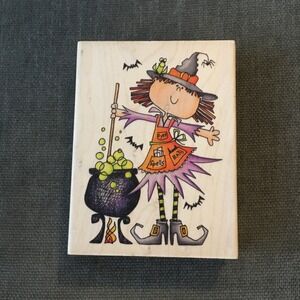 Whipper Snapper Rubber Stamp Wood Block Witch Bat Soup Cauldron Halloween Spooky